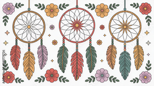 Vibrant dreamcatchers with colorful feathers and flowers on white background for spiritual and boho decor