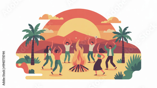 People dancing around a campfire on a beach at sunset with palm trees and mountains