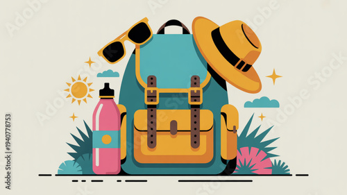 Vibrant travel backpack with hat sunglasses and water bottle for summer adventures outdoors
