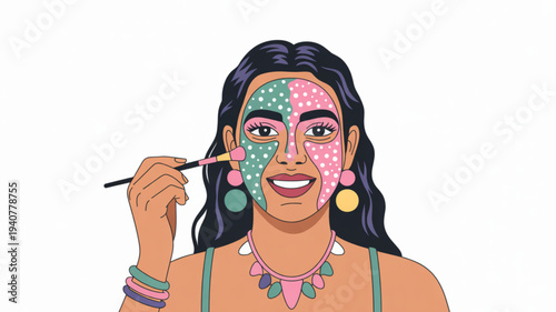 Woman applying colorful makeup with brush artistic face paint and vibrant accessories smiling