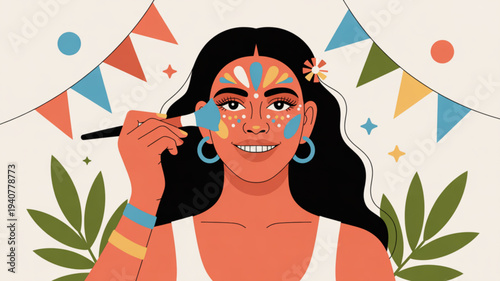 Woman applying colorful face paint with a brush festive decorations and leaves in the background celebrating a joyful event or cultural tradition with vibrant makeup