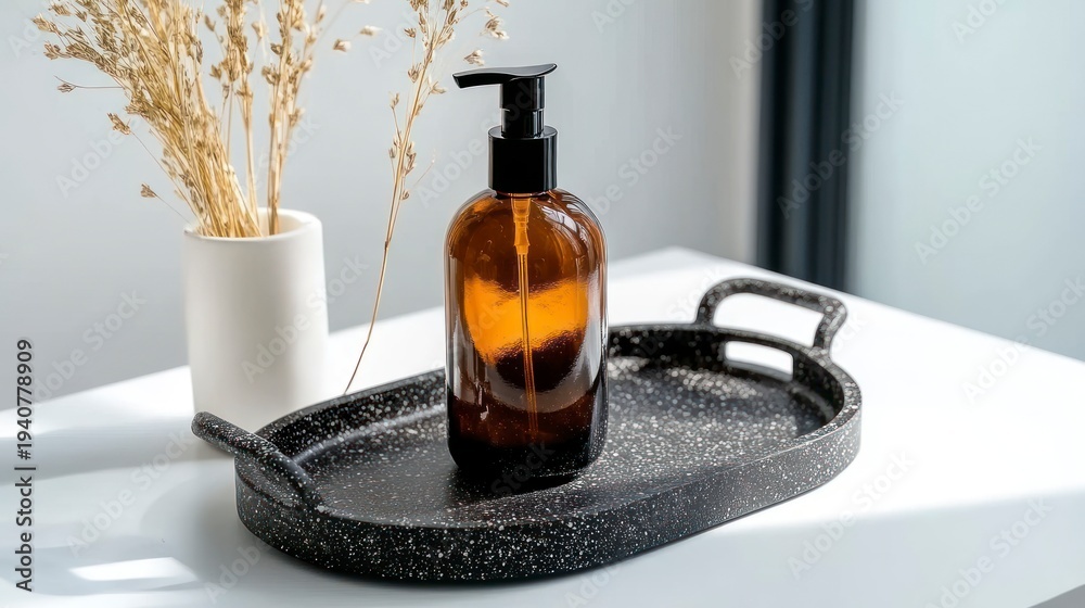 Fototapeta premium Amber Glass Dispenser with Black Pump on Speckled Tray, Minimalist Still Life