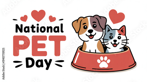 National pet day illustration of dog and cat sharing food bowl with hearts and paw print