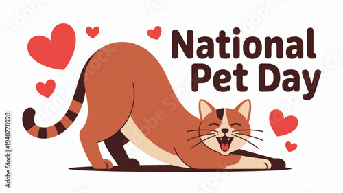 Happy cat in yoga pose with hearts on national pet day