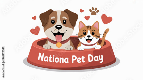 Friendly dog and cat sitting in a red pet bowl on national pet day with hearts and paw prints around them