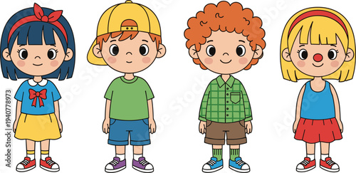 Set of diverse cute children and adult characters, collection of happy school kids and professional figures in various outfits cartoon vector illustration