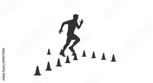 Black silhouette of a man running through cones vector