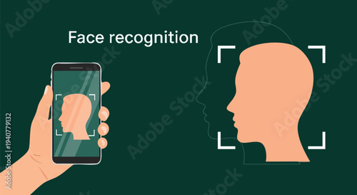 Face Recognition Technology Vector Illustration: Hand Holding Smartphone Scanning Human Profile for Biometric Security and Digital Identity Verification