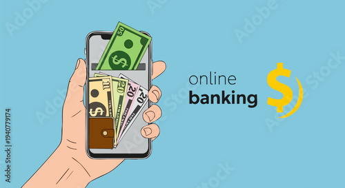 Online Banking and Mobile Payment Illustration with Hand Holding Smartphone, Money, and Wallet for Financial Transactions