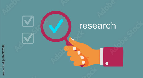 Digital Research Concept Vector Illustration with Hand Holding Magnifying Glass and Blue Checkmark for Data Analysis and SEO Strategy