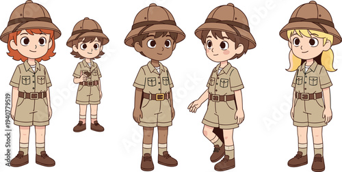 Set of diverse cute children scout characters, collection of young explorers in safari uniform and pith hats cartoon vector illustration