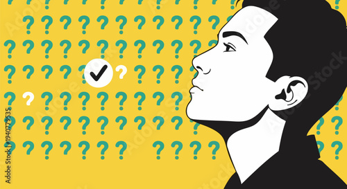 Thoughtful young man in profile looking up at a wall of green and white question marks with one black checkmark icon, representing decision-making, problem-solving