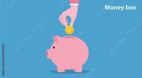 Hand putting golden coin into a pink piggy bank, symbolizing savings, investment, and financial growth, isolated on a blue background vector illustration for finance and banking concepts.