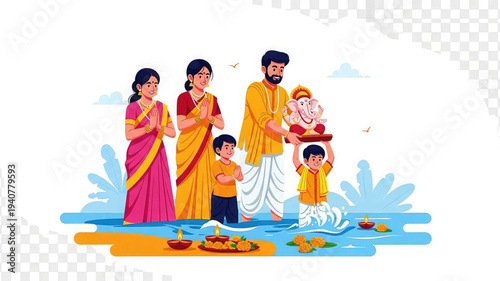 Indian family celebrating ganesh chaturthi with traditional rituals and offerings to lord ganesha