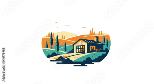 Idyllic landscape illustration home and nature scene