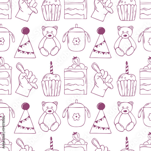 Cute seamless pattern with baby sippy cup, teddy bear, birthday cake. Purple line hand drawn minimalist vector background on white for newborn  wallpaper, toddler stationery, baby shower design
