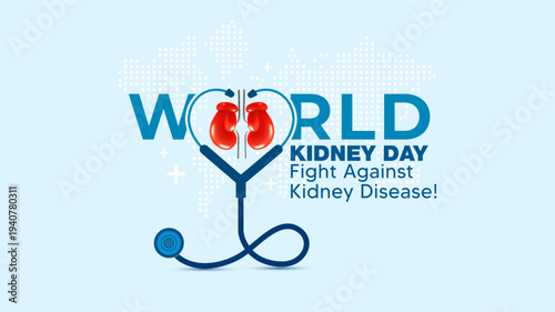 Vector illustration of World kidney day awareness banner. Medical stethoscope with world map conceptual design.