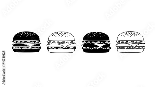 Hamburger icons set. Fast food burger collection, minimalist flat and outline design.