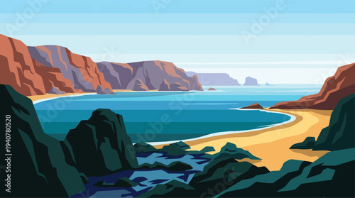 Stunning Coastal Inlet with Sandy Beach and Rocky Cliffs.