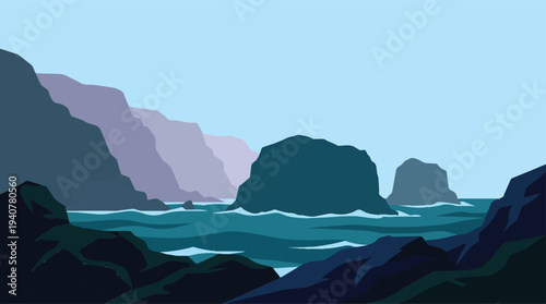 Ocean waves crashing against large rocks in a serene coastal landscape.