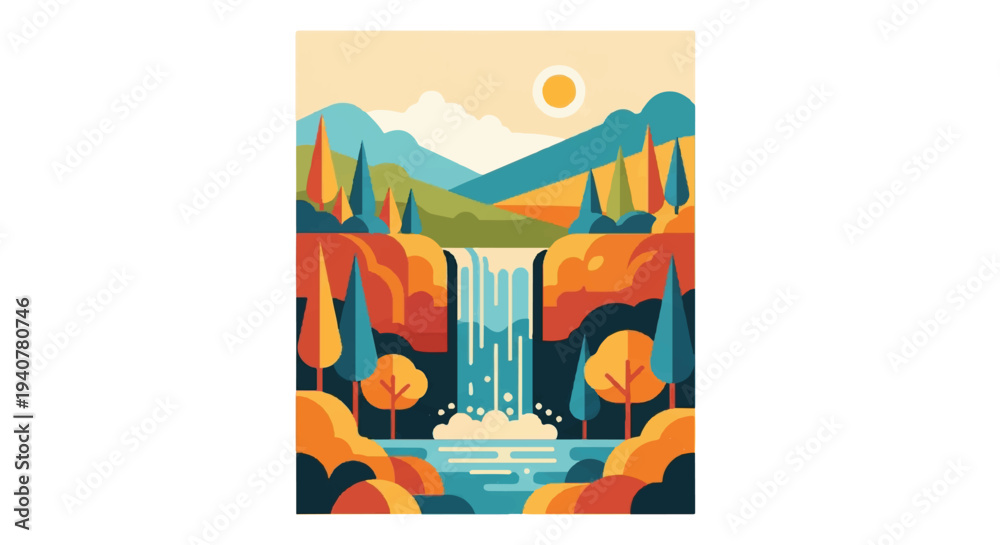Obraz premium Stylized waterfall scene illustration for nature and travel concepts