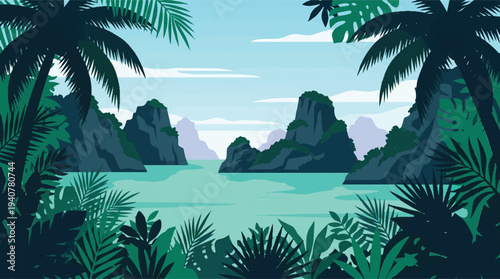 Lush tropical bay with towering karsts and vibrant foliage.