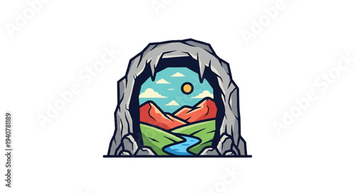 Cave entrance portal scenic landscape vector illustration