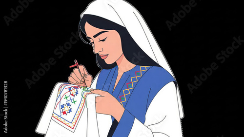 Woman embroidering traditional patterned fabric with colorful threads and needle