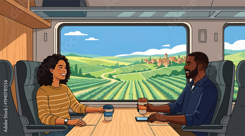 Happy couple enjoying a train journey through picturesque countryside.