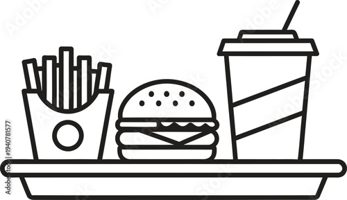 Fast food lunch on tray including hamburger soda drink and french fries outline icon