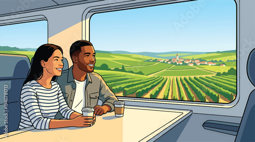 Diverse couple enjoying a scenic train journey looking out at the beautiful countryside.