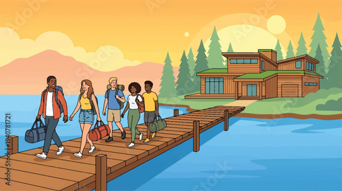 Diverse group of friends walking on a wooden pier.