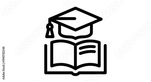 Graduation cap on open book line art icon representing education and knowledge.