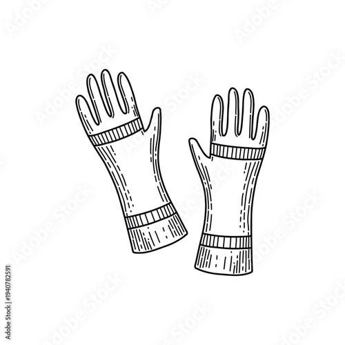Gloves for firefighters. Hand-drawn sketch of protective fire gloves. Element of firefighter uniform. Vector illustration.