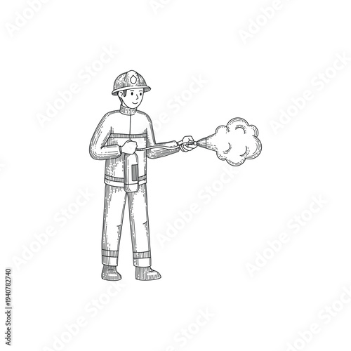 Firefighter man in full fireproof uniform extinguishes fire with fire extinguisher. Linear hatching drawing. Vector illustration.