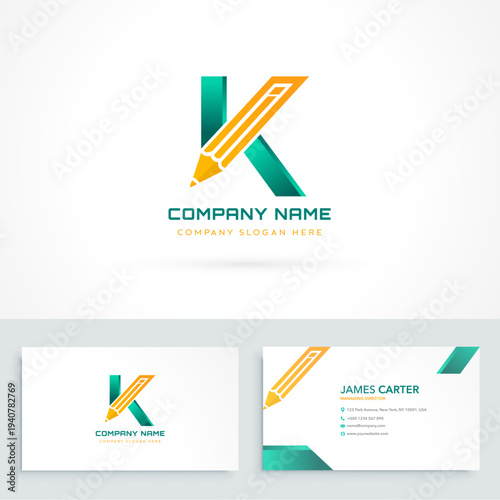 K letter pencil logo with visiting card