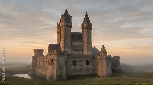 Ancient stone fortress emerges from morning mist under a pastel sky