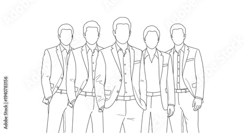 Group of five men in suits standing together illustration.