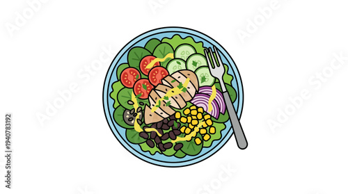 Flat vector icon of a healthy salad bowl for fitness diet, isolated object, minimal flat design with outline stroke