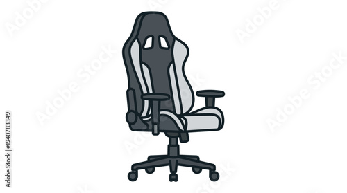 Flat vector icon of an ergonomic gaming chair, outline and flat fill style, isolated single object