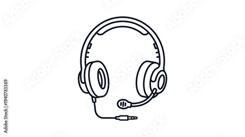 Flat outline vector icon of a gaming headset with microphone, isolated object