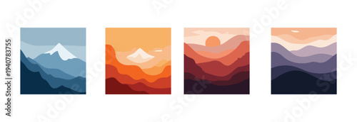 Vibrant mountain landscapes in different times of day with various colors and lighting conditions depicted