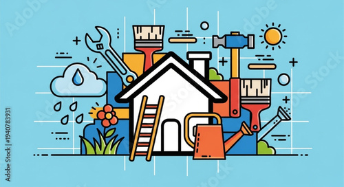 Home renovation and repair concept with tools and house illustration.
