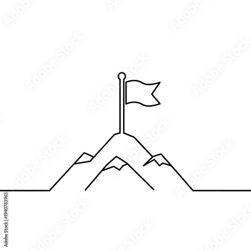 Flag on mountain peak line art drawing representing success and achievement.