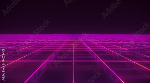 Neon grid stretches into a dark horizon