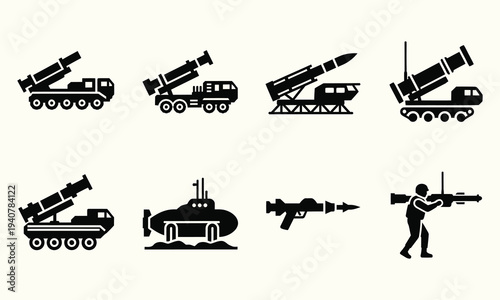Military Missile Launcher Vehicle and Weapon System Silhouette Vector Icon Set