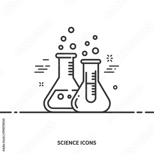 Science laboratory flasks with bubbling chemical reaction line art icon.