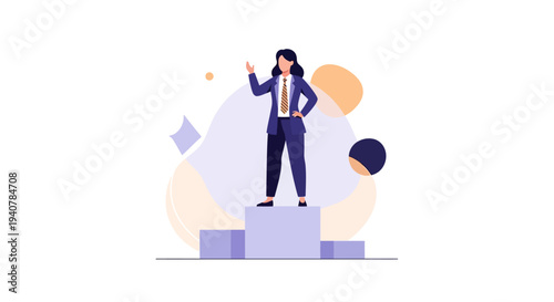 Illustration of a confident woman in business attire standing on a podium with colorful geometric shapes in the background, celebrating Women's History Month with a sense of empowerment and