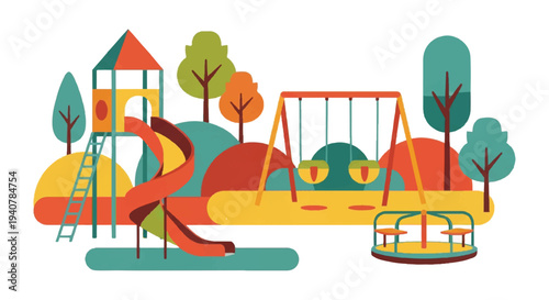 Playground illustration featuring slides swings and trees for recreation