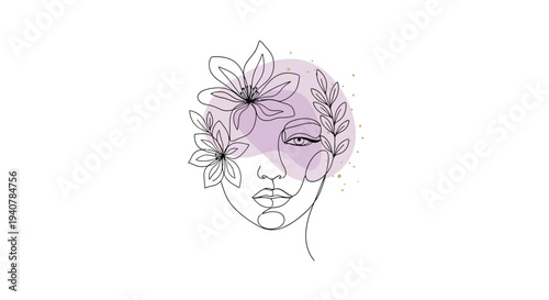 A minimalist line art illustration of a woman's face adorned with flowers in her hair on a soft purple and white background, symbolizing Women's History Month with a simple design.